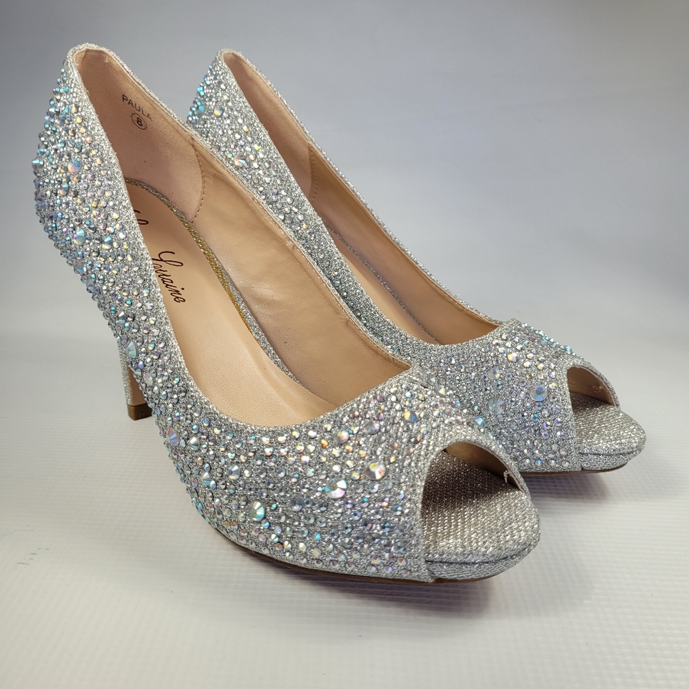 Lauren Lorraine Women's PAULA 4 Embellished & Rhinestones Stilettos Silver 8 M